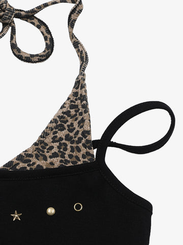 Leopard Print Halter Crop Top – Stretch Cotton with Gold Stud Detail