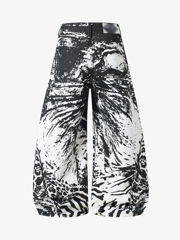 Abstract Print Wide-Leg Trousers – High-Waisted Cotton Blend Pants