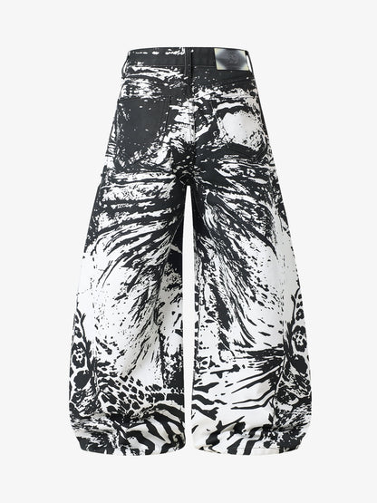 Abstract Print Wide-Leg Trousers – High-Waisted Cotton Blend Pants