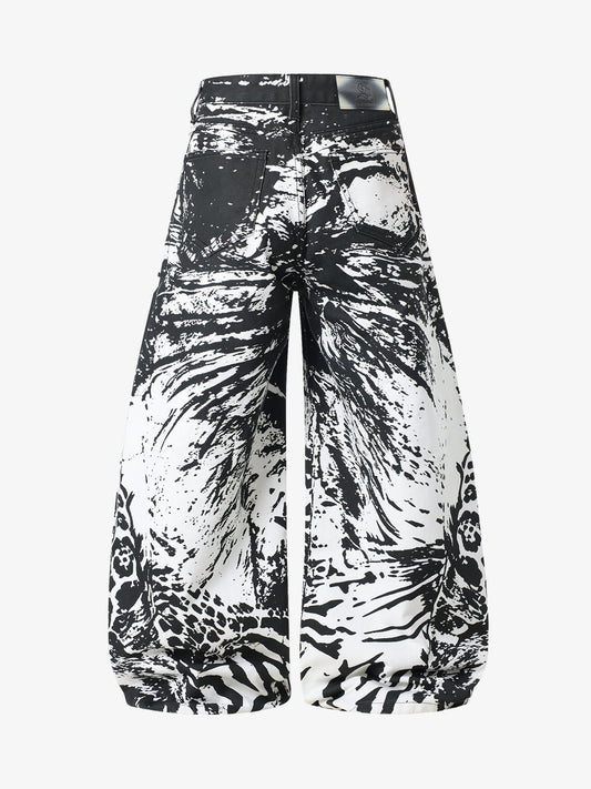 Abstract Print Wide-Leg Trousers – High-Waisted Cotton Blend Pants