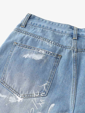 Light Wash Distressed Denim Shorts – Graffiti Print Wide-Leg Streetwear