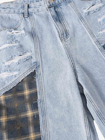 Retro Washed Plaid-Paneled Distressed Denim Set 