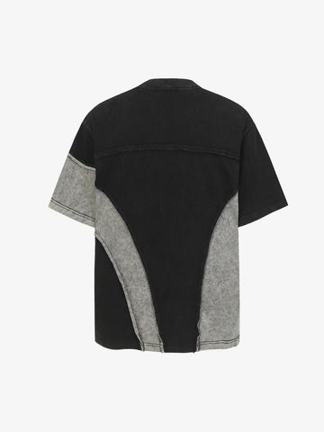 Washed Asymmetric Raw Edge Panel Knit T-Shirt 