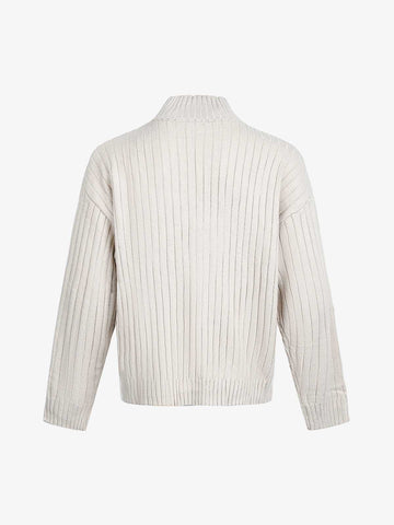 Retro Abstract Print Ribbed Stand Collar Zip-Up Sweater 