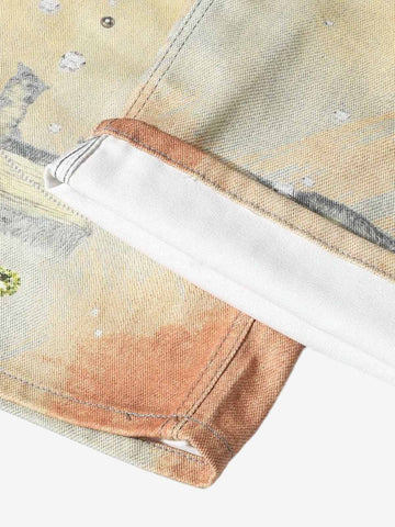 Street Tie-Dye Distressed Chain Detail 3D Printed Jeans 