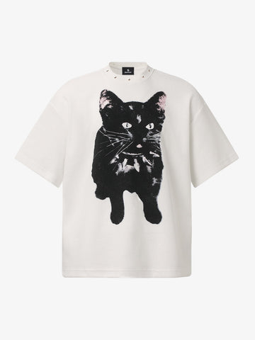 Vintage Black Cat Studded Collar T-Shirt 