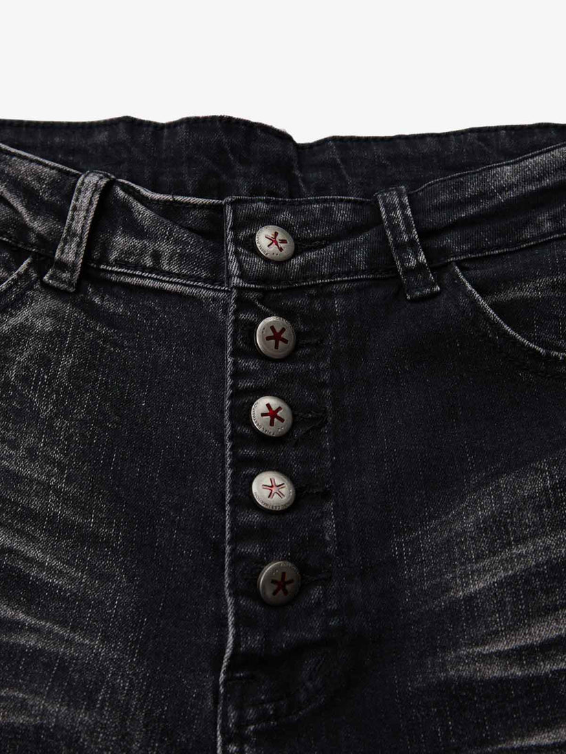 Vintage Distressed Button Fly Ruched Panel Flared Jeans