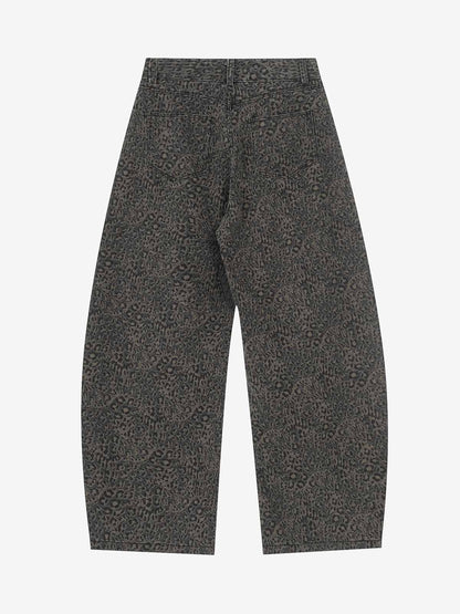 Leopard Pleated Wide Leg Denim Barrel Jeans 