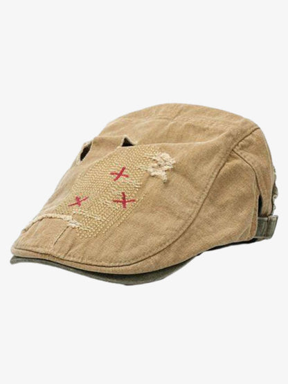 Distressed Patchwork Embroidered Cotton Flat Cap 