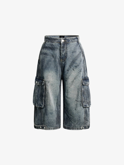 Grunge Wash Cargo Denim Shorts