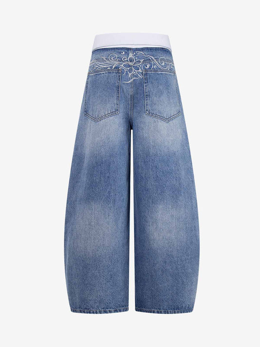 Ribbed Folded Waist Floral Embroidery Baggy Barrel Jeans