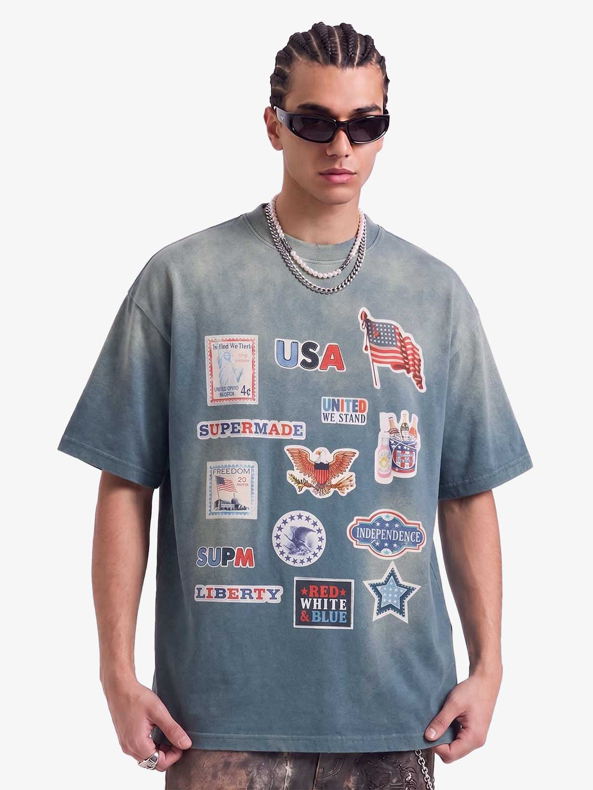 Washed Vintage Sticker Print T-Shirt