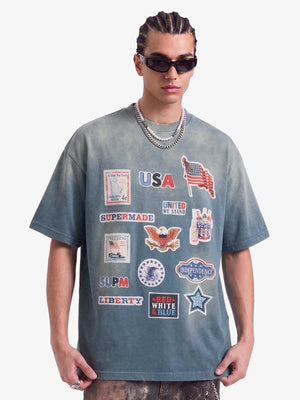 Washed Vintage Sticker Print T-Shirt