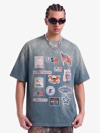 Washed Vintage Sticker Print T-Shirt