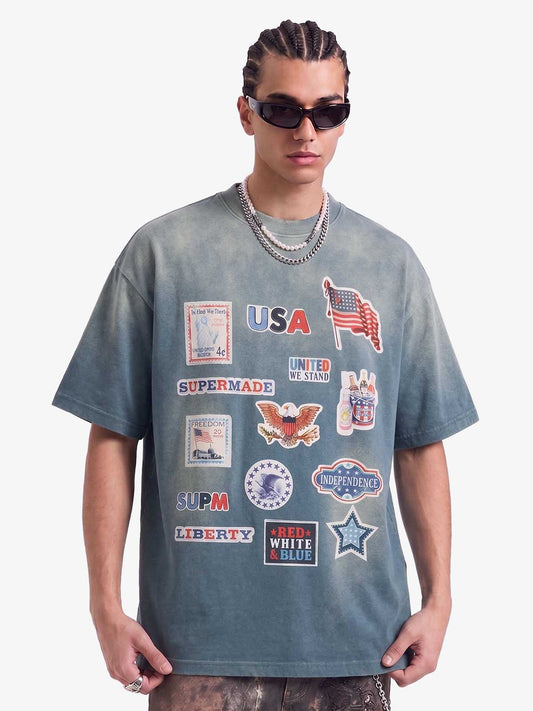 Washed Vintage Sticker Print T-Shirt