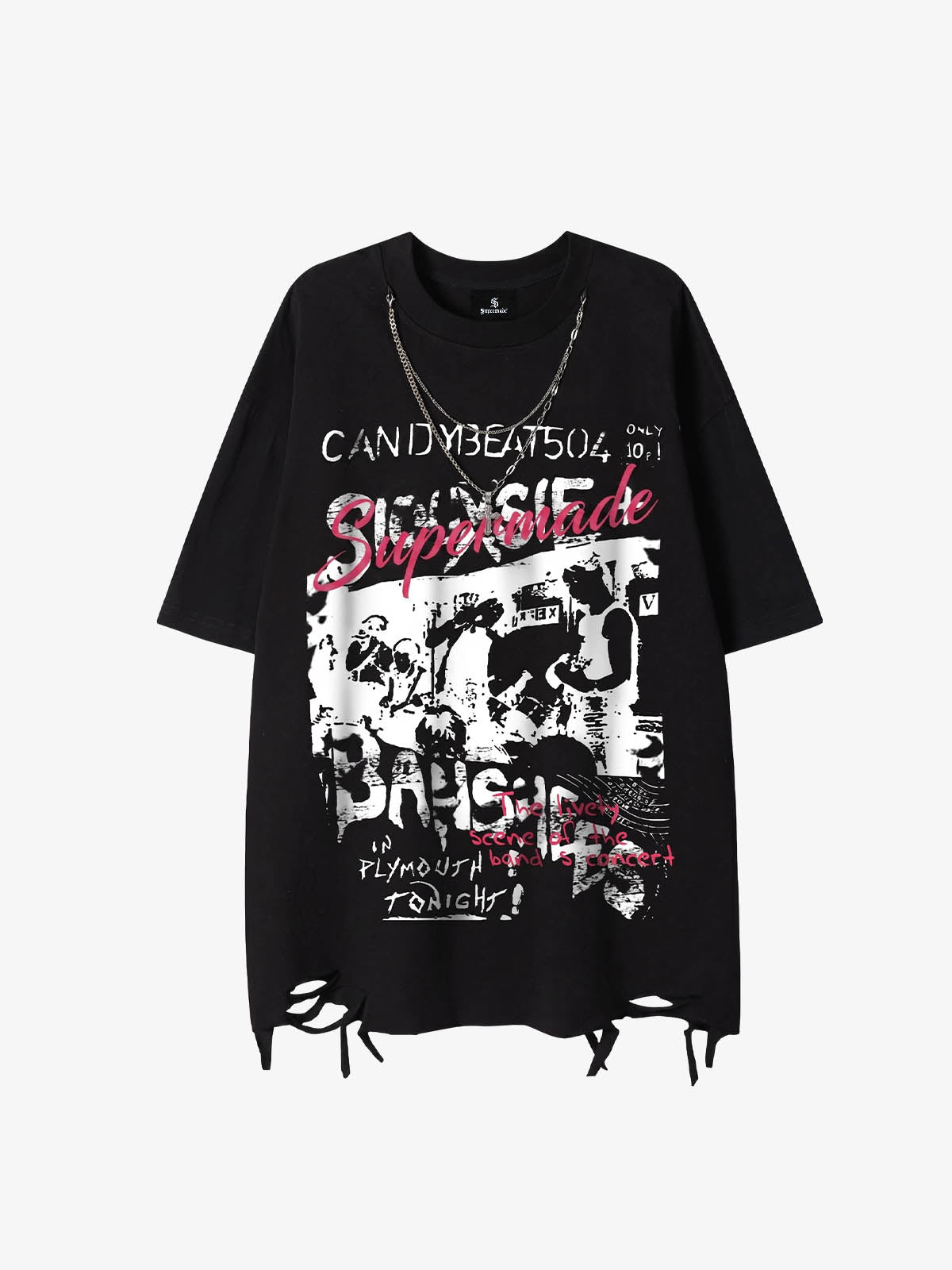 Dark Letter Graphic T-Shirt with Necklace Detail