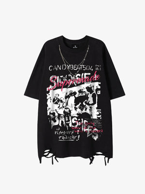 Dark Letter Graphic T-Shirt with Necklace Detail