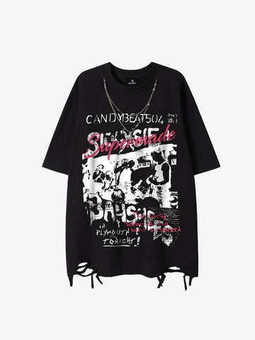Dark Letter Graphic T-Shirt with Necklace Detail