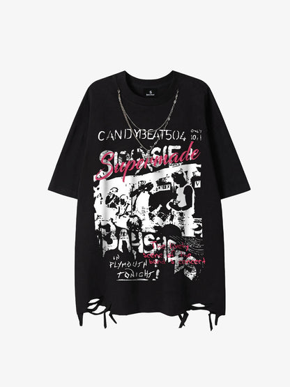 Dark Letter Graphic T-Shirt with Necklace Detail