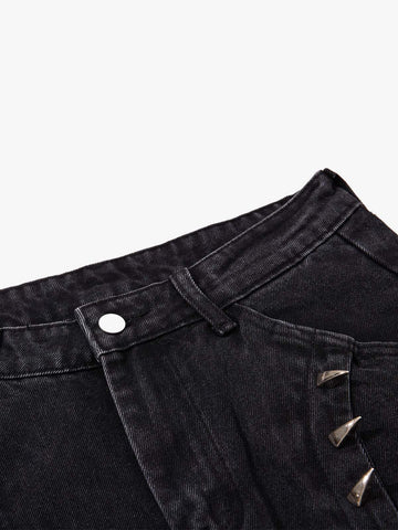 Dark Wash Denim Pants with Silver Studs – Relaxed Fit Streetwear Jeans