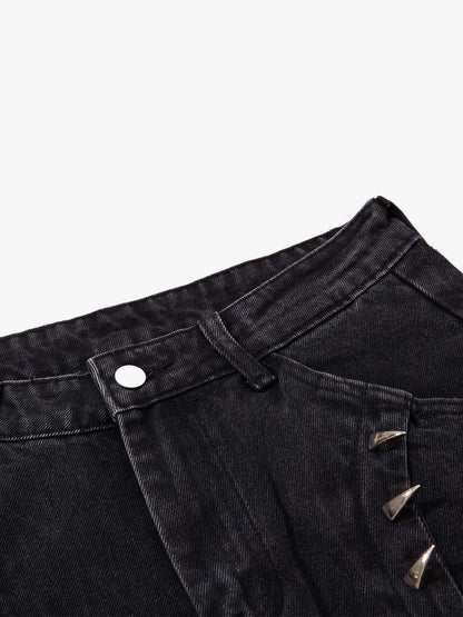 Dark Wash Denim Pants with Silver Studs – Relaxed Fit Streetwear Jeans