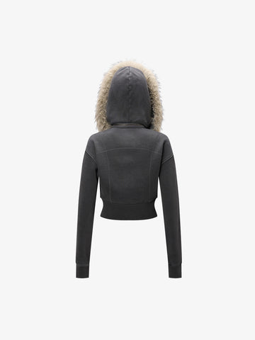 Distressed Faux Fur Slim Zip-Up Hoodie
