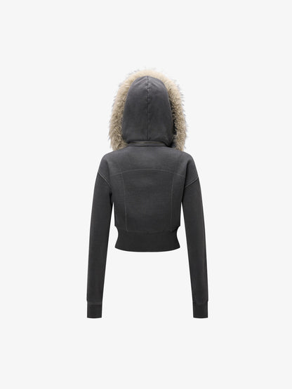 Distressed Faux Fur Slim Zip-Up Hoodie