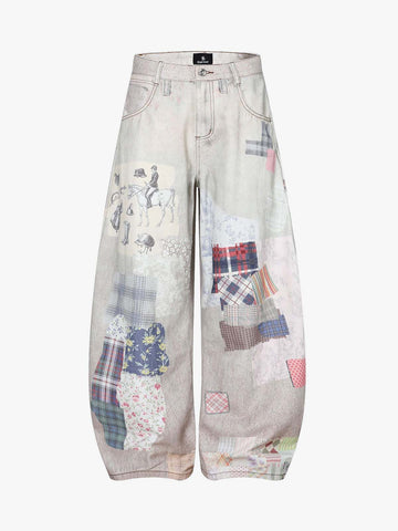 Cotton Patchwork Wide Leg Pants with Equestrian Print and Plaid Details 