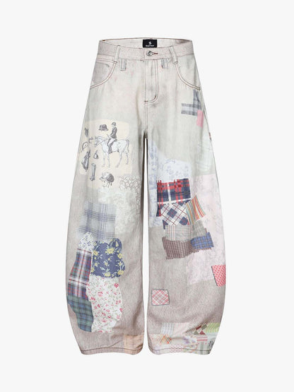 Cotton Patchwork Wide Leg Pants with Equestrian Print and Plaid Details 