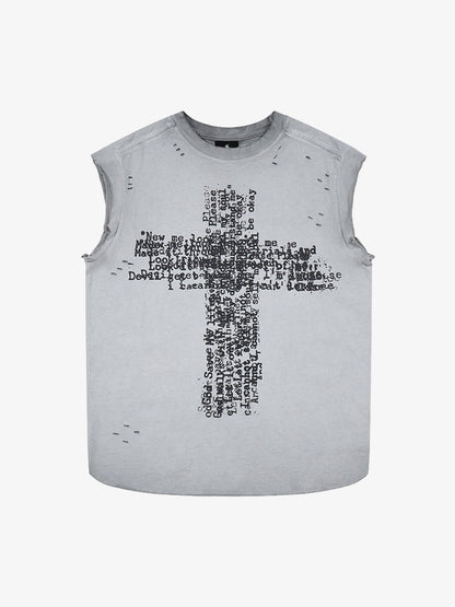 Letter Cross Graphic Distressed Tank Top