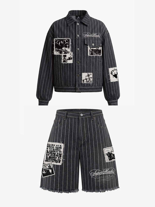 Vintage Pinstripe Patchwork Baggy Denim Set 