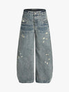 High Waist Distressed Barrel Denim Jeans 
