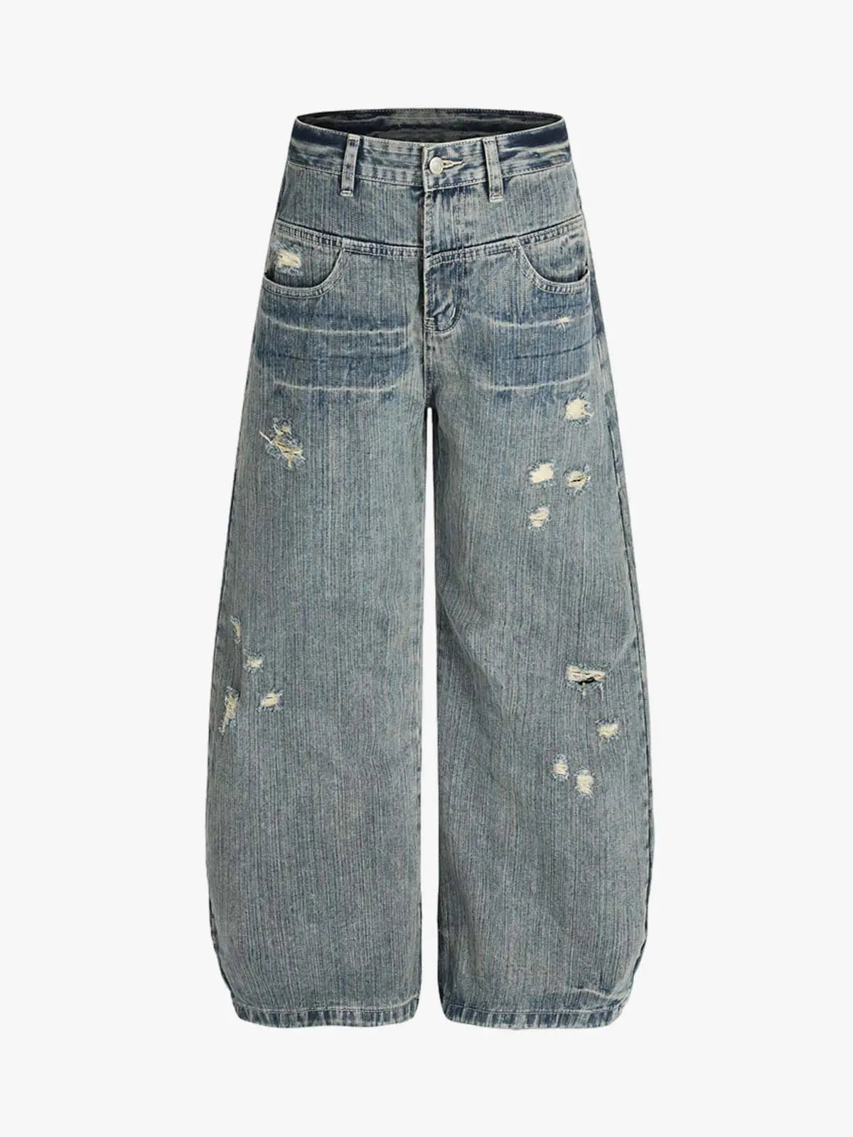 High Waist Distressed Barrel Denim Jeans 