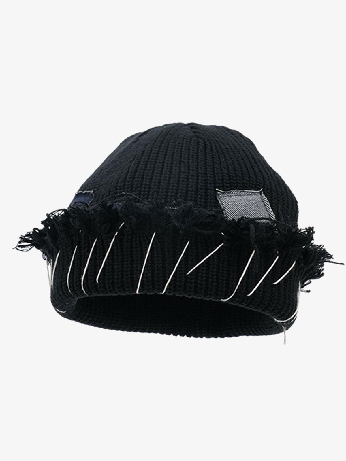 Distressed Denim Patchwork Beanie 