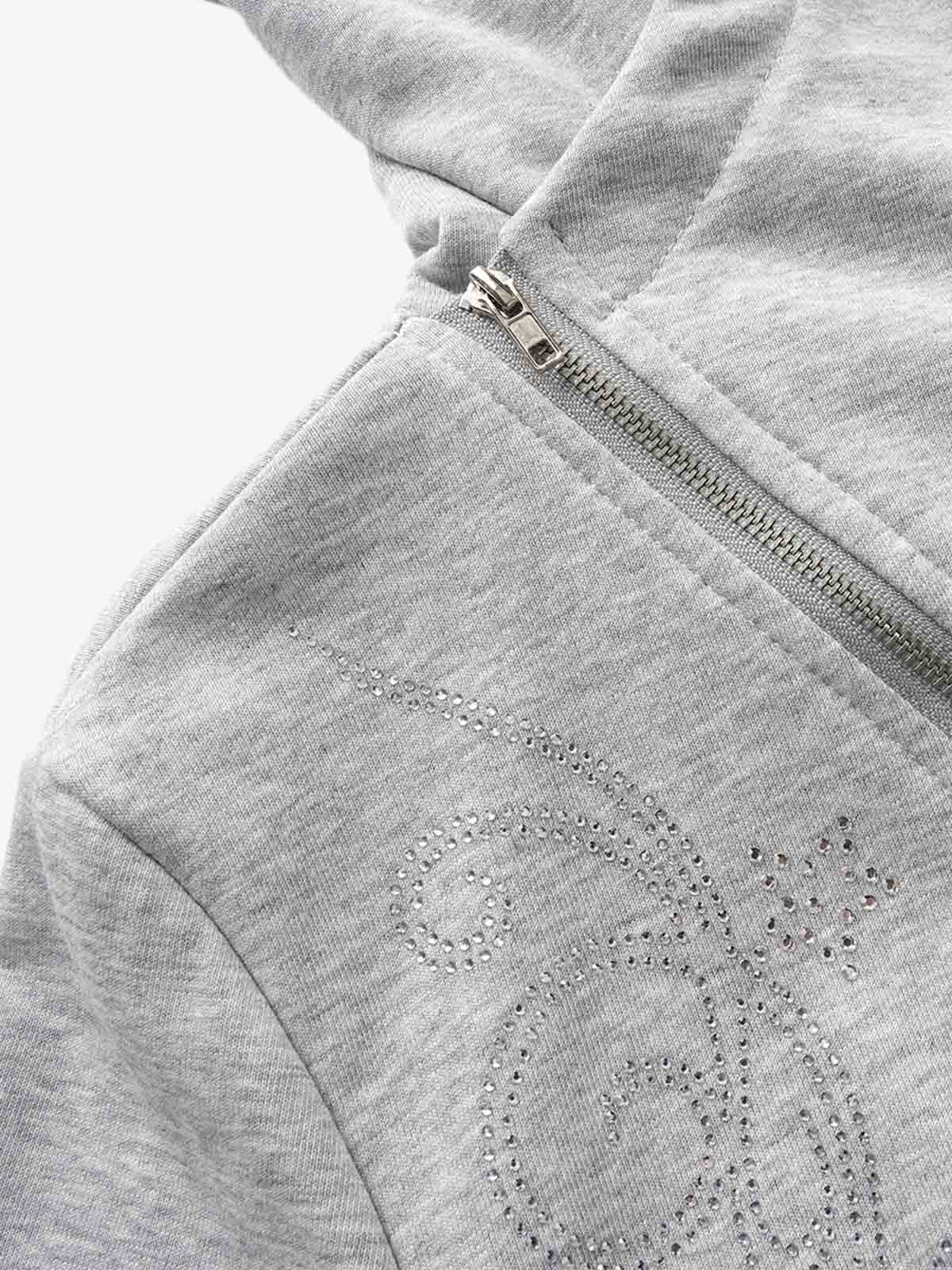 Rhinestone Asymmetrical Placket Zip-Up Hoodie