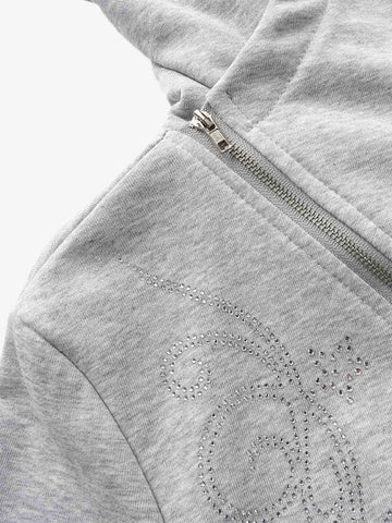 Rhinestone Asymmetrical Placket Zip-Up Hoodie