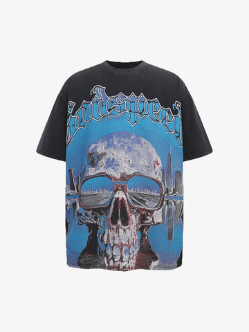 Jersey Knit Street Retro Skull Graffiti Print T-Shirt 