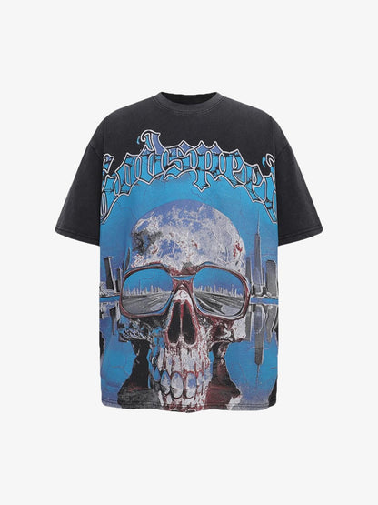 Jersey Knit Street Retro Skull Graffiti Print T-Shirt 