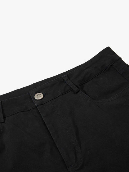 Black High-Waisted Slim Fit Chino Pants – Star Button Detail Cotton Twill