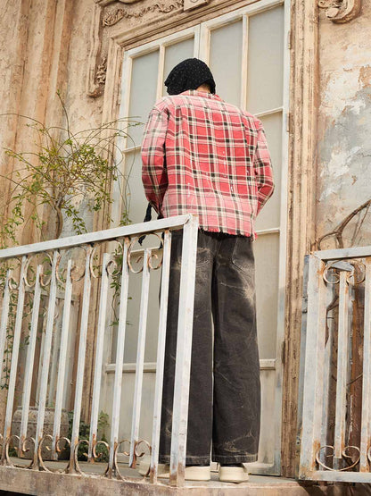 Paint Splatter Plaid Frayed Hem Button Up Shirt 