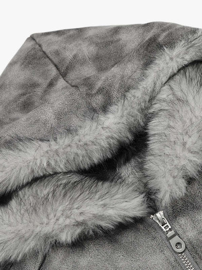 Faux Suede Vintage Wash Fur Hood Padded Jacket - 2553 