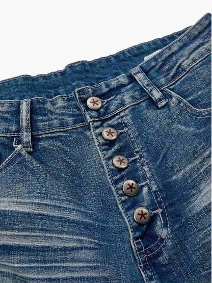 Vintage Distressed Button Fly Ruched Panel Flared Jeans 