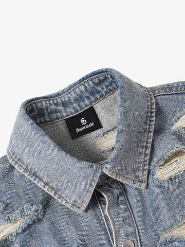 Retro Washed Plaid-Paneled Distressed Denim Set 