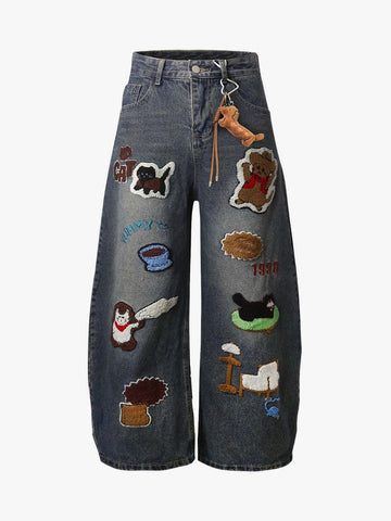 Retro Cartoon Graphic Heavy Embroidery Barrel Jeans - 2562 