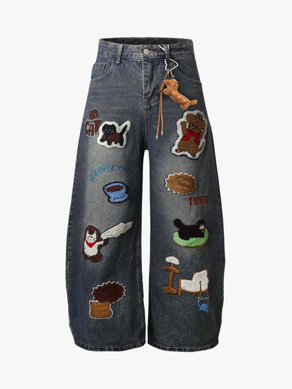 Retro Cartoon Graphic Heavy Embroidery Barrel Jeans - 2562 