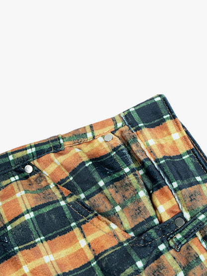 Plaid Relaxed Fit Jeans – Vintage Washed Tartan Denim Trousers
