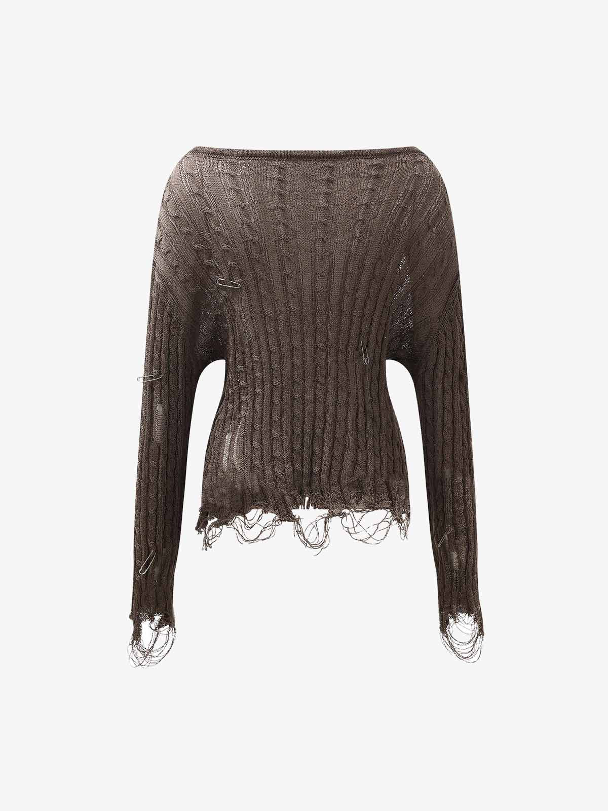 Distressed Pin Off-Shoulder Sweater