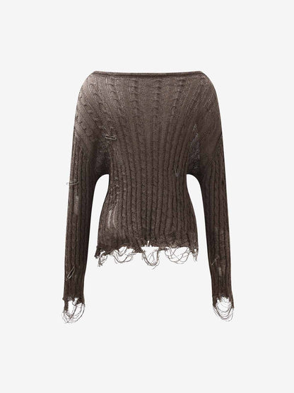 Distressed Pin Off-Shoulder Sweater