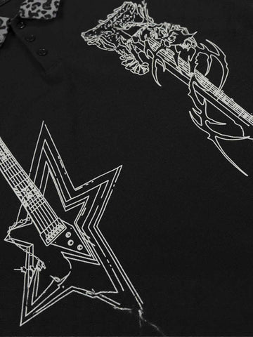 Rock Grunge Aesthetic Leopard Patchwork Polo Shirt