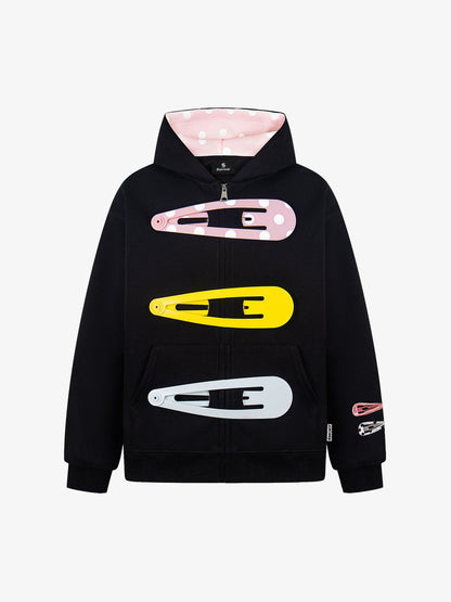 Detachable Hair Clip Decoration Zip Up Hoodie 